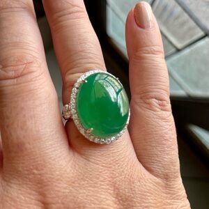 Huge Cabochon Translucent Emerald Green Jade 18K White Gold & Diamond Ring